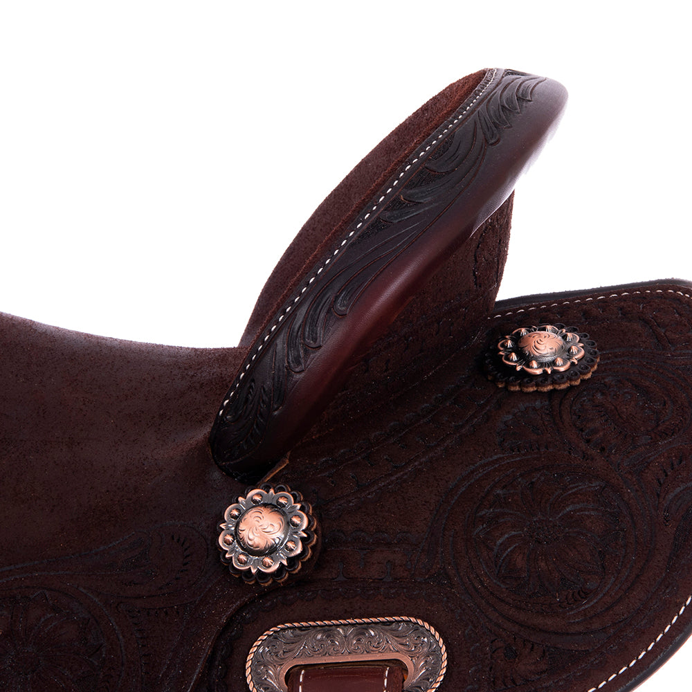 Chocolate Roughout Barrel Saddle- Round Skirts, Deluxe Snake Border Sunny D Corners, Cheyenne