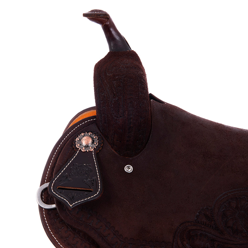 Chocolate Roughout Barrel Saddle- Round Skirts, Deluxe Snake Border Sunny D Corners, Cheyenne