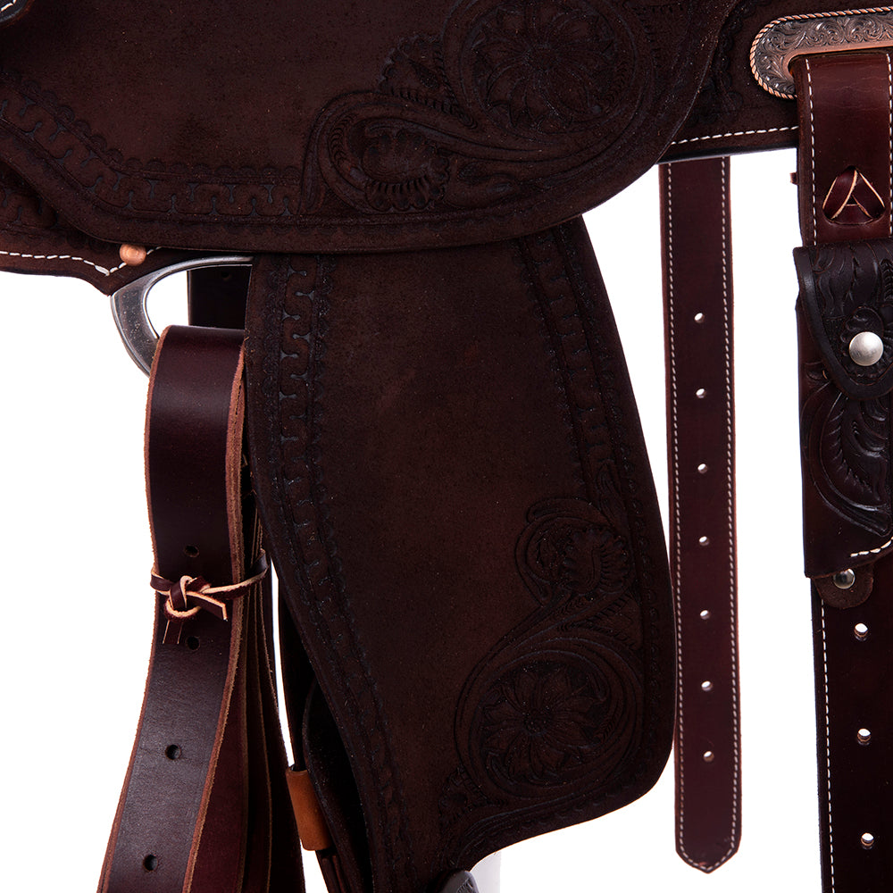 Chocolate Roughout Barrel Saddle- Round Skirts, Deluxe Snake Border Sunny D Corners, Cheyenne