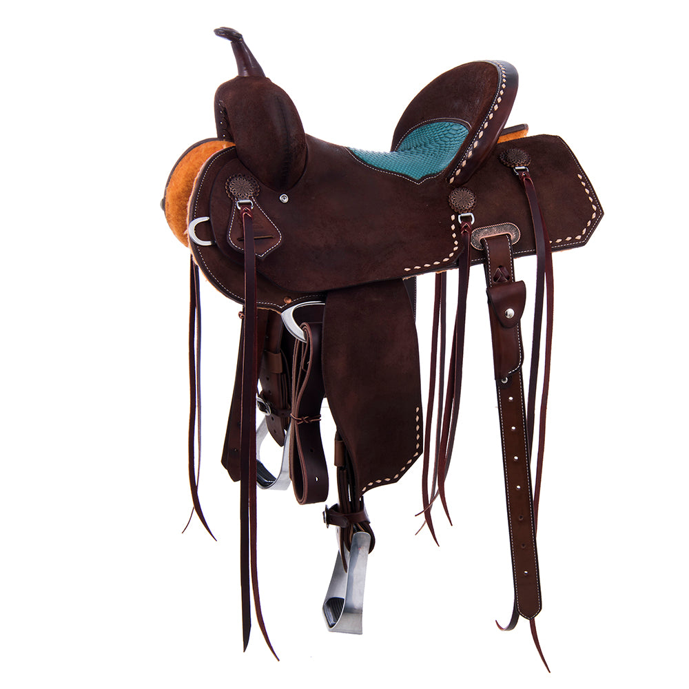 Chocolate Roughout Barrel Saddle- Notched Natural Buckstitch Corners with Turquoise Python Seat