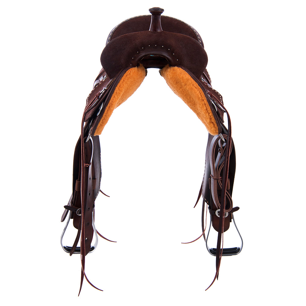 Chocolate Roughout Barrel Saddle- Notched Natural Buckstitch Corners with Turquoise Python Seat