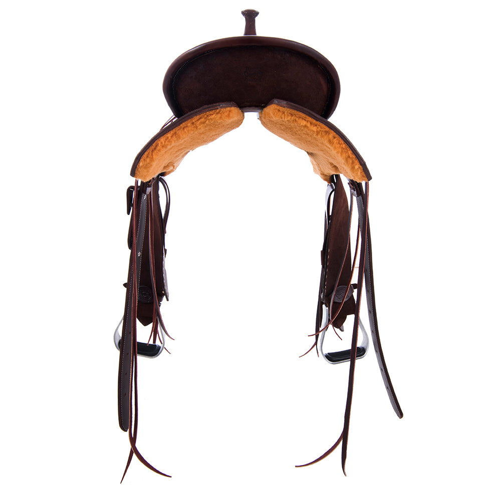Chocolate Roughout Barrel Saddle- Notched Natural Buckstitch Corners with Turquoise Python Seat