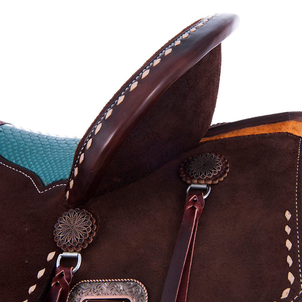 Chocolate Roughout Barrel Saddle- Notched Natural Buckstitch Corners with Turquoise Python Seat