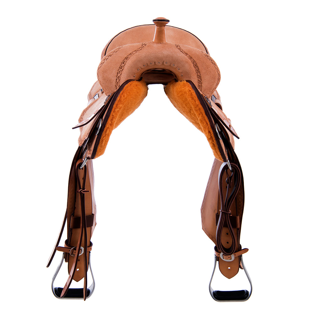 FULL RUSSET ROUGHOUT BARREL SADDLE - NOTCHED SKIRTS DIAMOND HALF DIAMOND BORDER