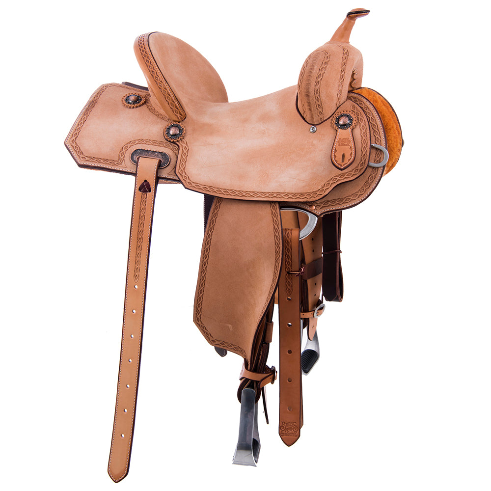 FULL RUSSET ROUGHOUT BARREL SADDLE - NOTCHED SKIRTS DIAMOND HALF DIAMOND BORDER