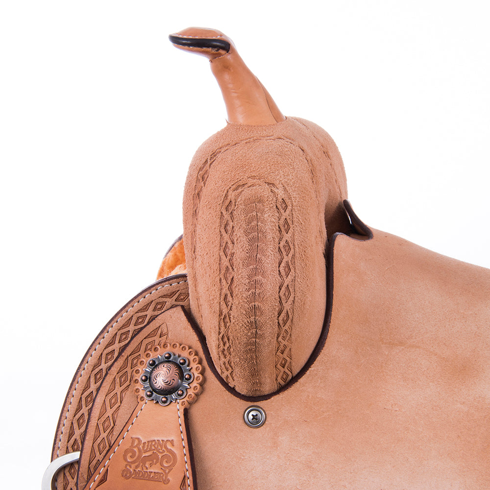 FULL RUSSET ROUGHOUT BARREL SADDLE - NOTCHED SKIRTS DIAMOND HALF DIAMOND BORDER