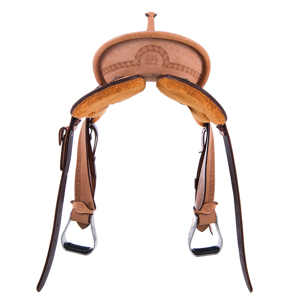 Russet Roughout Barrel Saddle- Round Skirts, Deeter Border, Cheyenne, Hard Seat