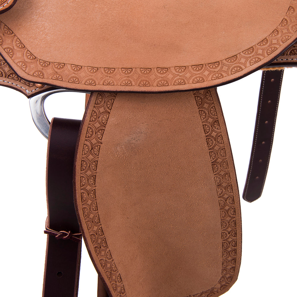 Russet Roughout Barrel Saddle- Round Skirts, Deeter Border, Cheyenne, Hard Seat