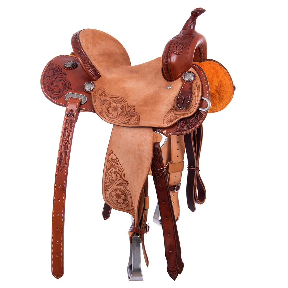 Barrel Saddle – Chestnut Smoothout & Russet Roughout, D. Daisy Floral Corners