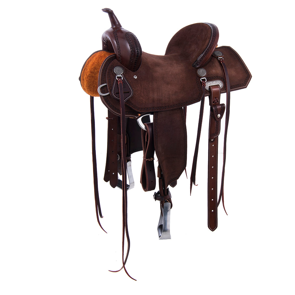 1/8 Chocolate Smooth 7/8 Roughout Barrel Saddle- Notched Skirts, Full Celtic Border, Cheyenne