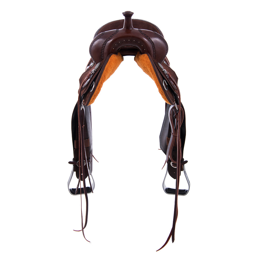 1/8 Chocolate Smooth 7/8 Roughout Barrel Saddle- Notched Skirts, Full Celtic Border, Cheyenne