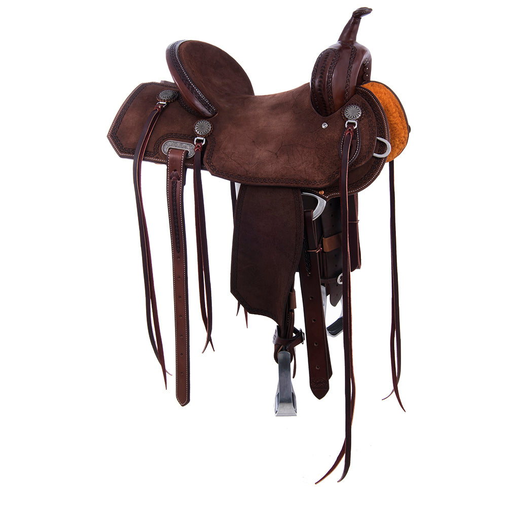 1/8 Chocolate Smooth 7/8 Roughout Barrel Saddle- Notched Skirts, Full Celtic Border, Cheyenne