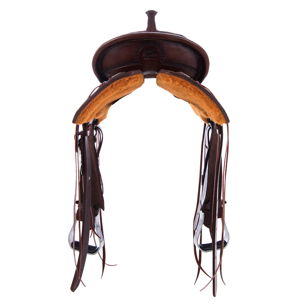 1/8 Chocolate Smooth 7/8 Roughout Barrel Saddle- Notched Skirts, Full Celtic Border, Cheyenne