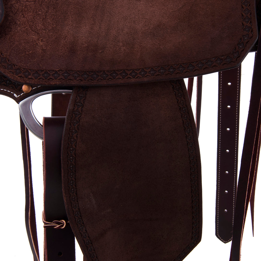 1/8 Chocolate Smooth 7/8 Roughout Barrel Saddle- Notched Skirts, Full Celtic Border, Cheyenne