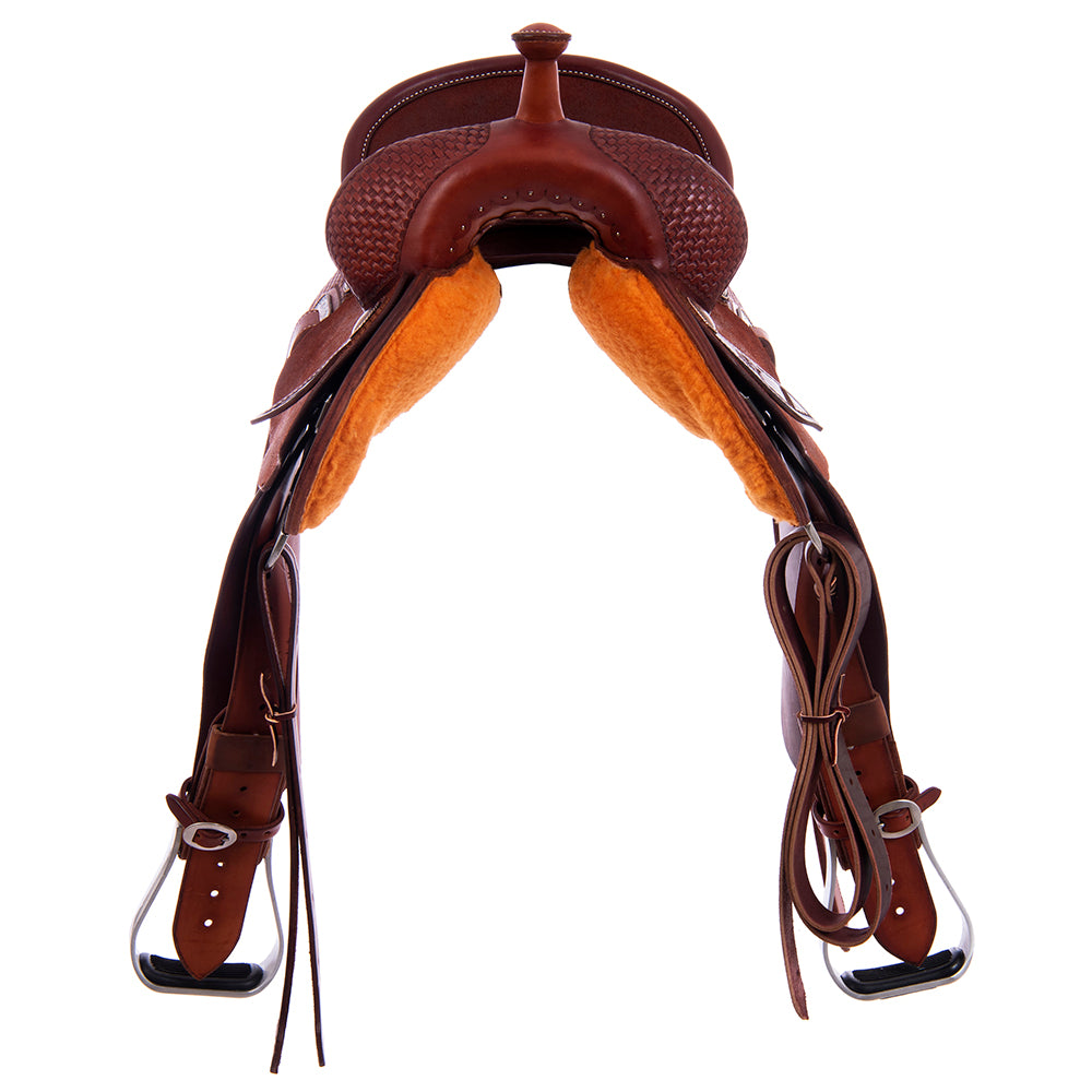 1/2 Smooth Chestnut 1/2 Roughout Barrel Saddle- Round 1/2 Basket 1/2 Camo Border Pencil Roll