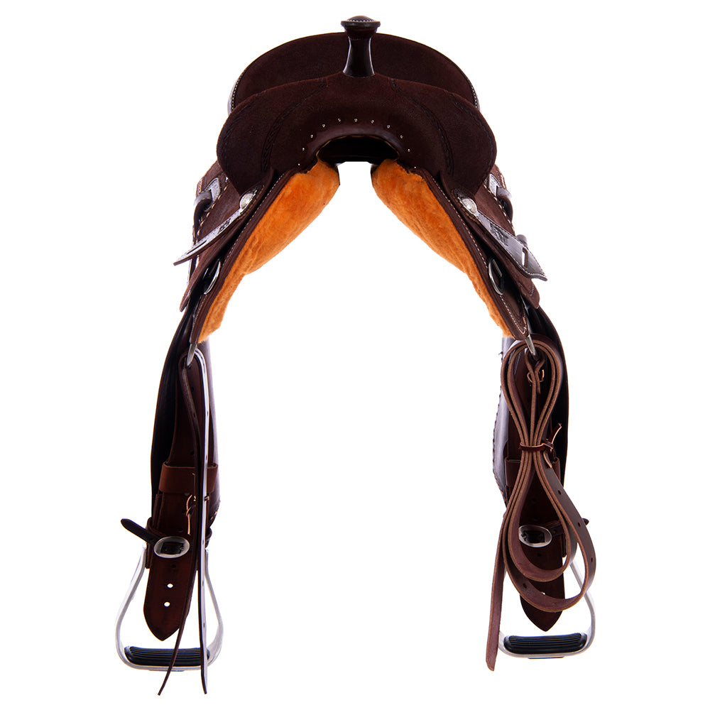Full Chocolate Roughout Barrel Saddle- Notched Skirts, Rope Border; Natural Buckstitch Corners, Cheyenne