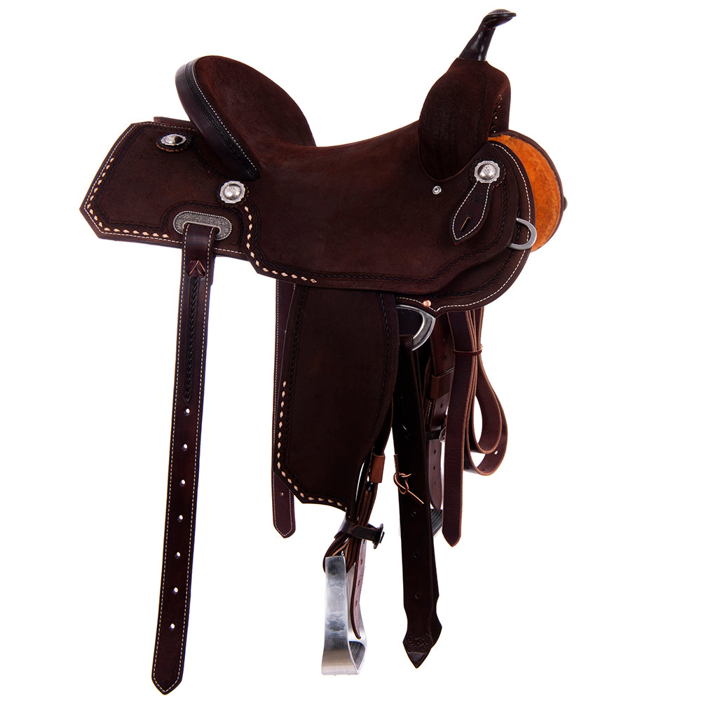 Full Chocolate Roughout Barrel Saddle- Notched Skirts, Rope Border; Natural Buckstitch Corners, Cheyenne