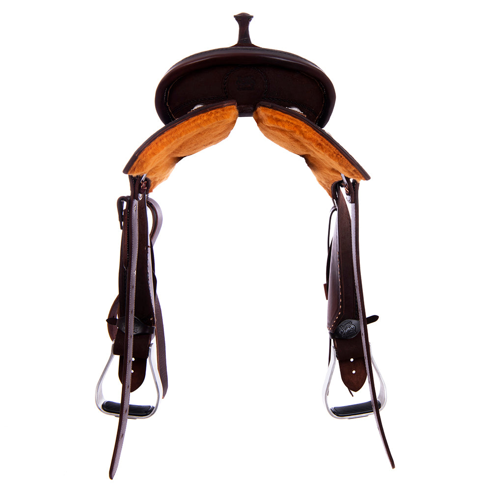 Full Chocolate Roughout Barrel Saddle- Notched Skirts, Rope Border; Natural Buckstitch Corners, Cheyenne