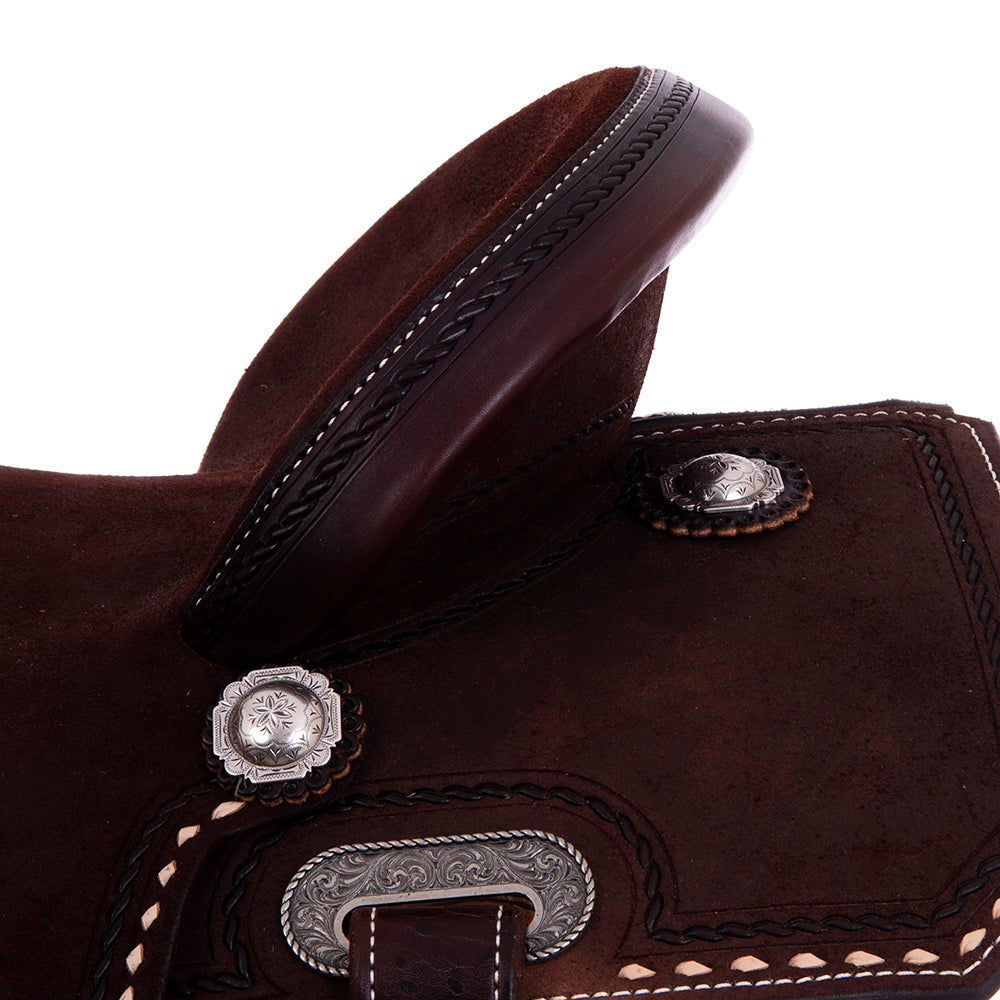 FULL CHOCOLATE ROUGHOUT BARREL SADDLE - NOTCHED SKIRTS ROPE BORDER AND NATURAL BUCKSTITCH CORNERS