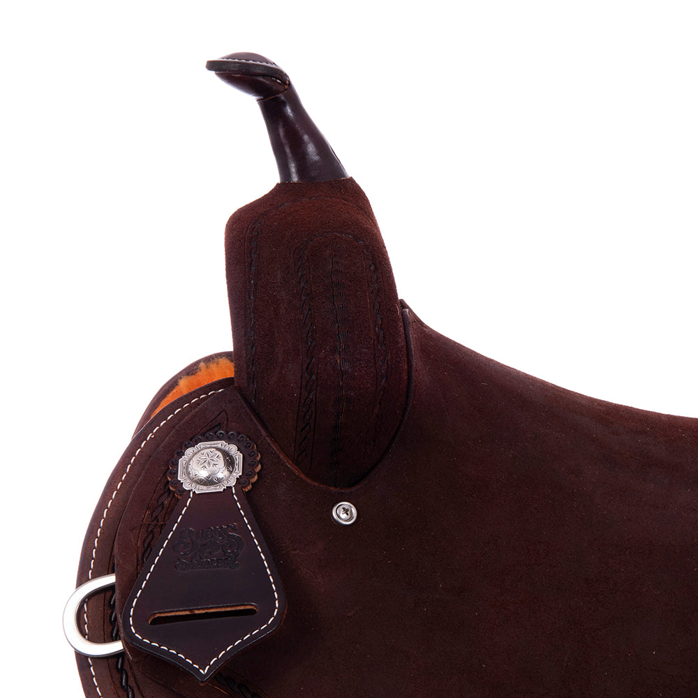 Full Chocolate Roughout Barrel Saddle- Notched Skirts, Rope Border; Natural Buckstitch Corners, Cheyenne