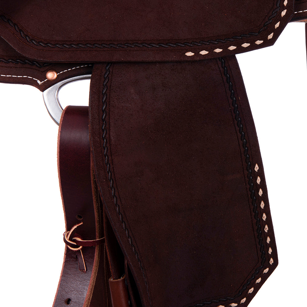FULL CHOCOLATE ROUGHOUT BARREL SADDLE - NOTCHED SKIRTS ROPE BORDER AND NATURAL BUCKSTITCH CORNERS