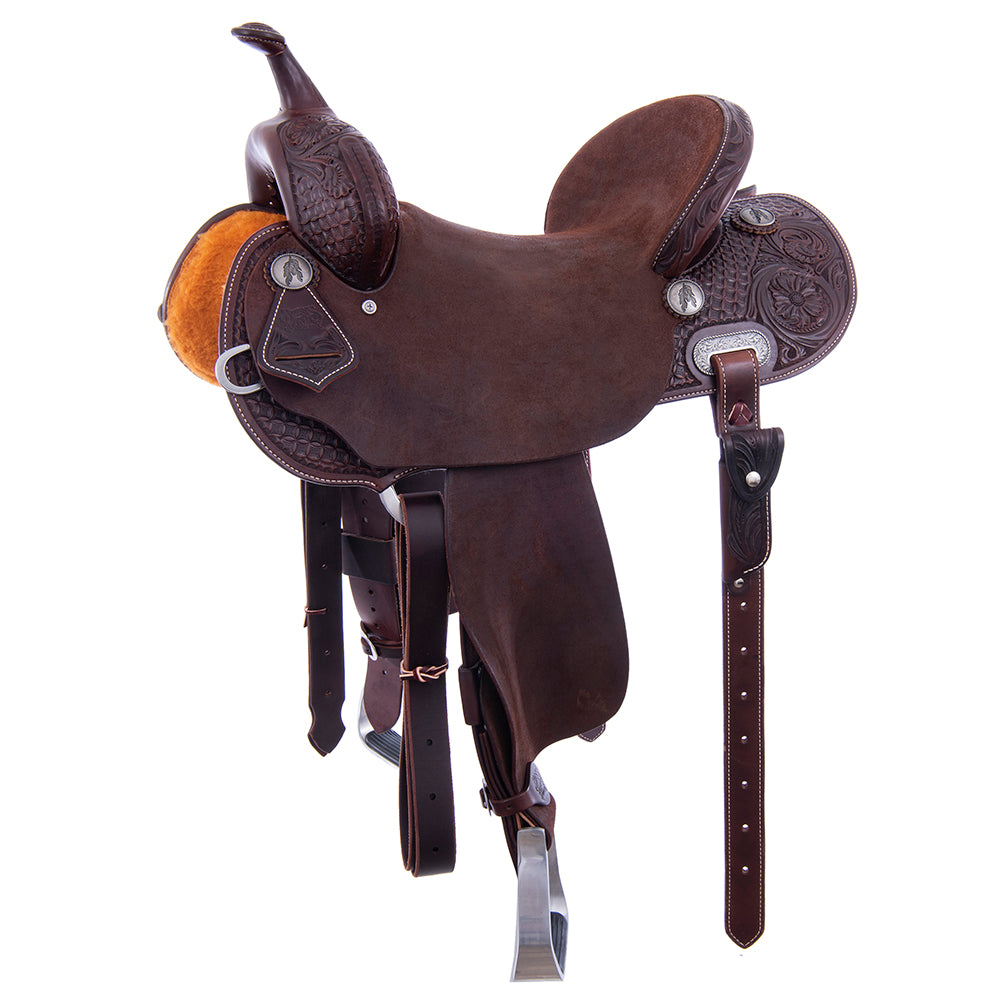 Barrel Saddle – Chocolate Leather, Smooth/Roughout, Round Skirt, 1/2 Waffle Tooling with MW Floral