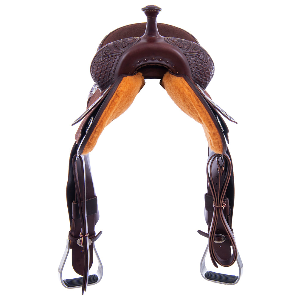 Barrel Saddle – Chocolate Leather, Smooth/Roughout, Round Skirt, 1/2 Waffle Tooling with MW Floral