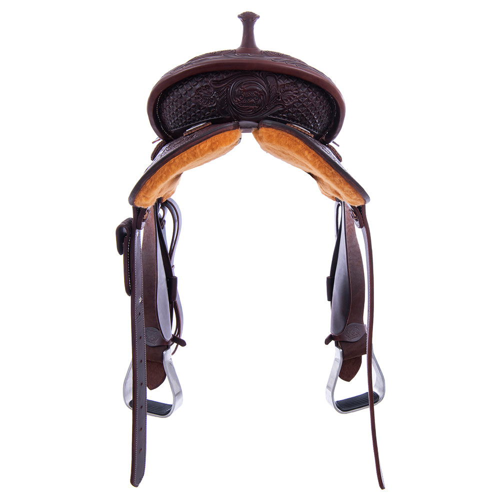 Barrel Saddle – Chocolate Leather, Smooth/Roughout, Round Skirt, 1/2 Waffle Tooling with MW Floral