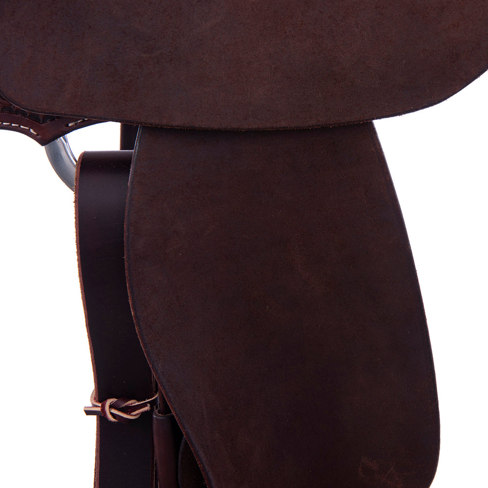 Barrel Saddle – Chocolate Leather, Smooth/Roughout, Round Skirt, 1/2 Waffle Tooling with MW Floral
