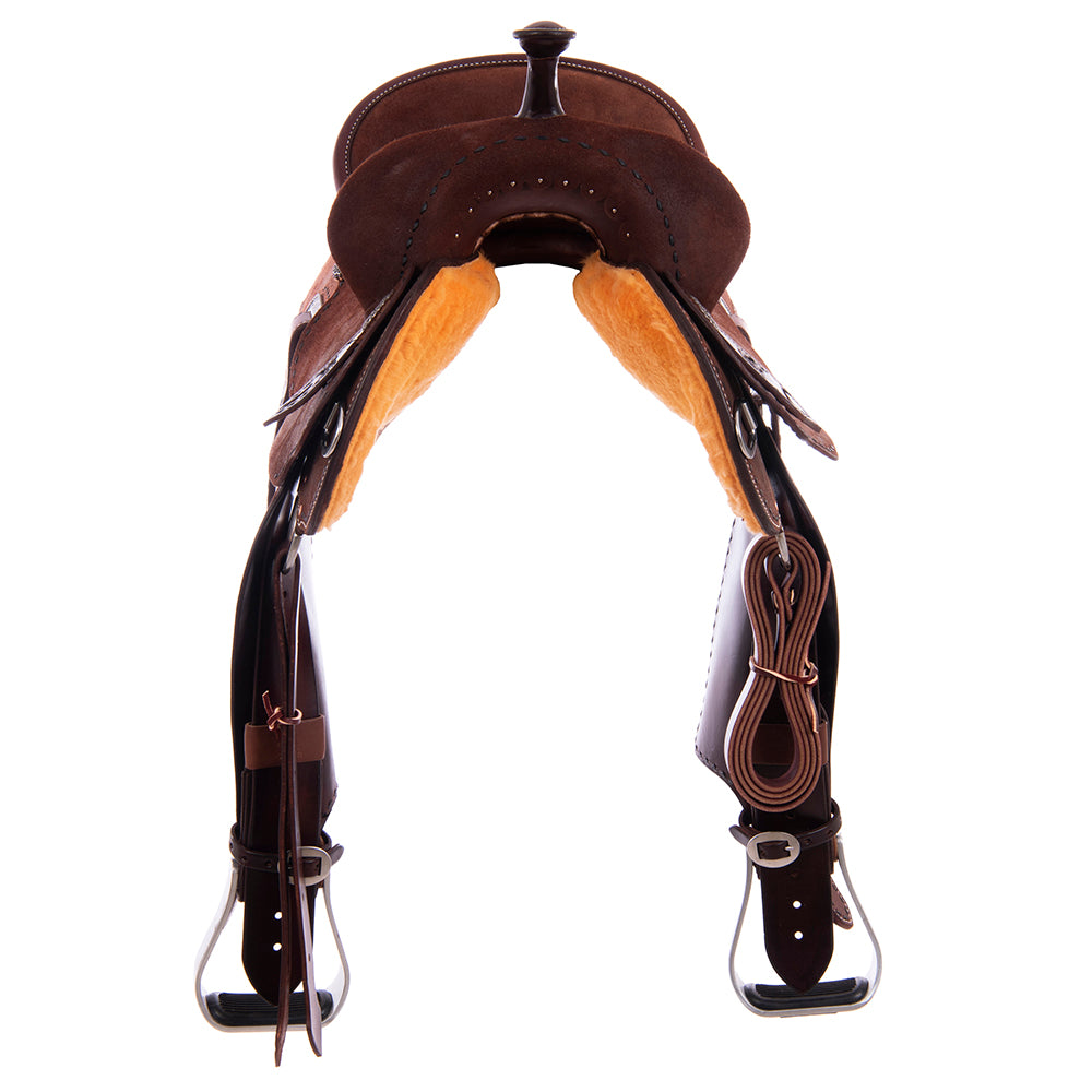 Full Chocolate Roughout Barrel Saddle - Semi Square Skirt, Full Black Buckstitch, Black Smooth Inlay Seat, Pencil Roll Binding