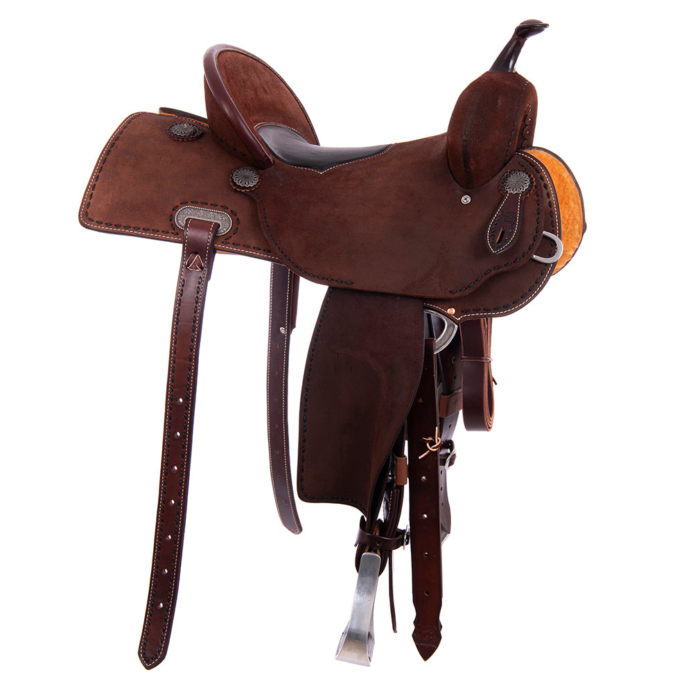 Full Chocolate Roughout Barrel Saddle - Semi Square Skirt, Full Black Buckstitch, Black Smooth Inlay Seat, Pencil Roll Binding