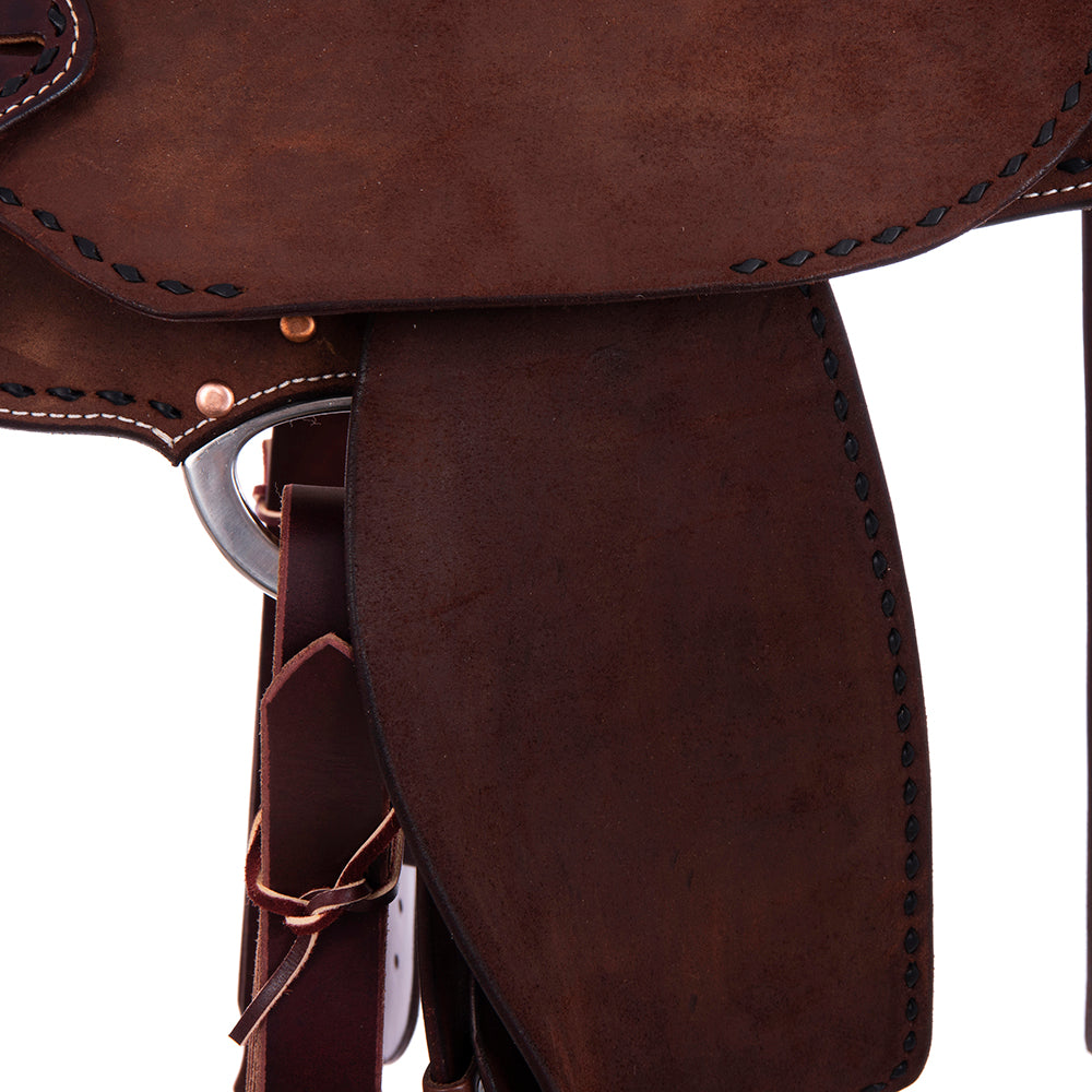 Full Chocolate Roughout Barrel Saddle - Semi Square Skirt, Full Black Buckstitch, Black Smooth Inlay Seat, Pencil Roll Binding