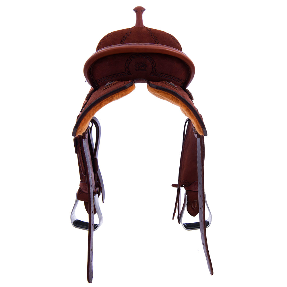Chestnut Roughout Barrel Saddle- Notched Skirts, Diamond Half Diamond Border, Cheyenne, Black Inlay