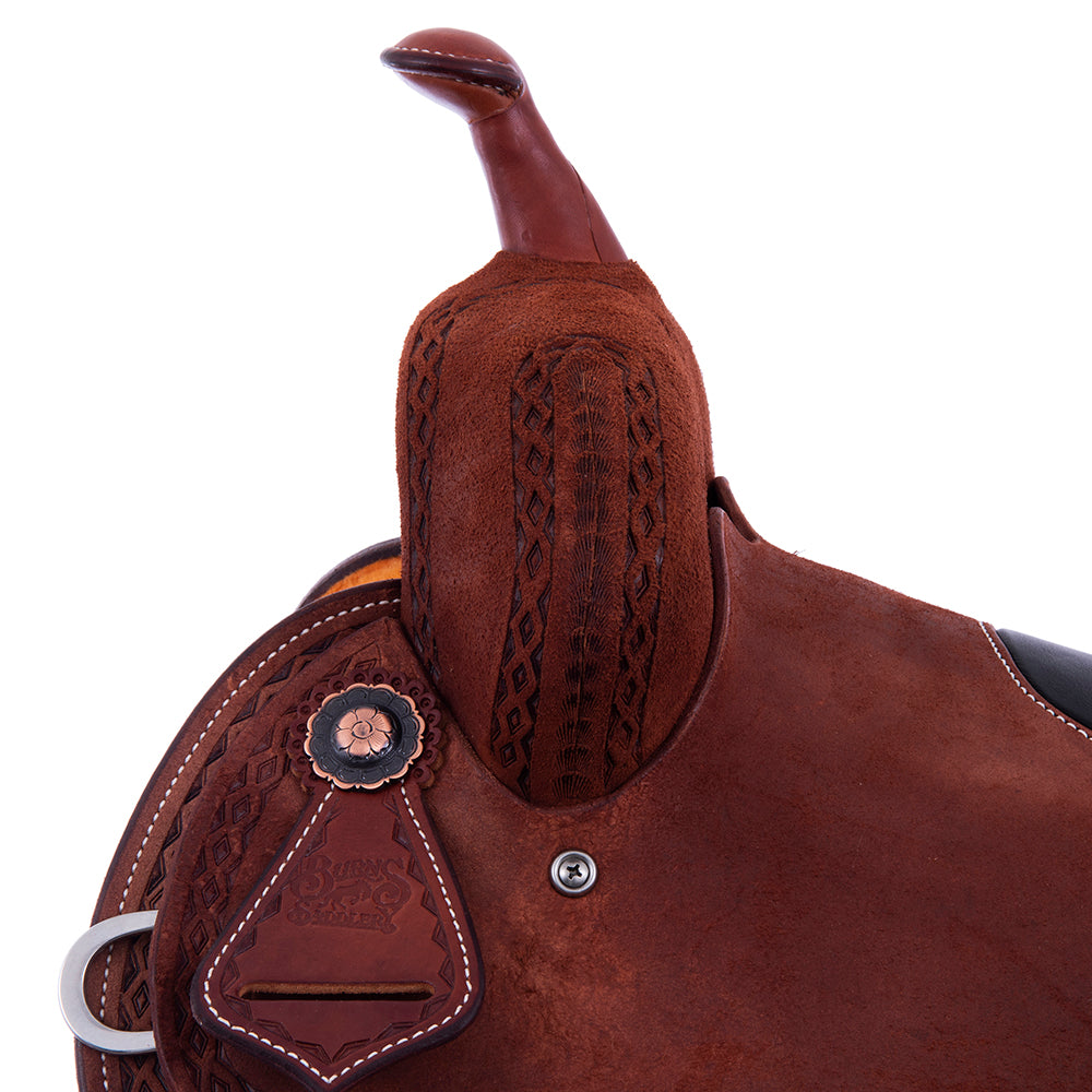 Chestnut Roughout Barrel Saddle- Notched Skirts, Diamond Half Diamond Border, Cheyenne, Black Inlay