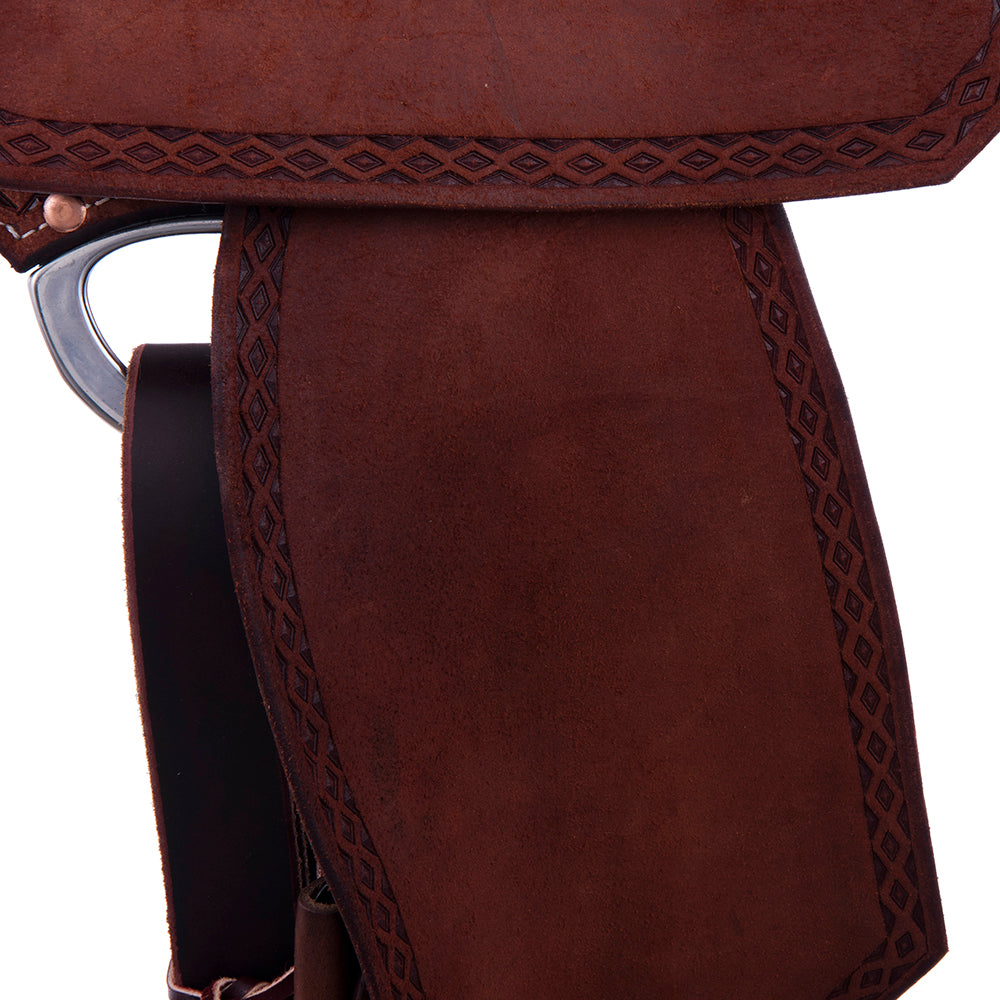 Chestnut Roughout Barrel Saddle- Notched Skirts, Diamond Half Diamond Border, Cheyenne, Black Inlay