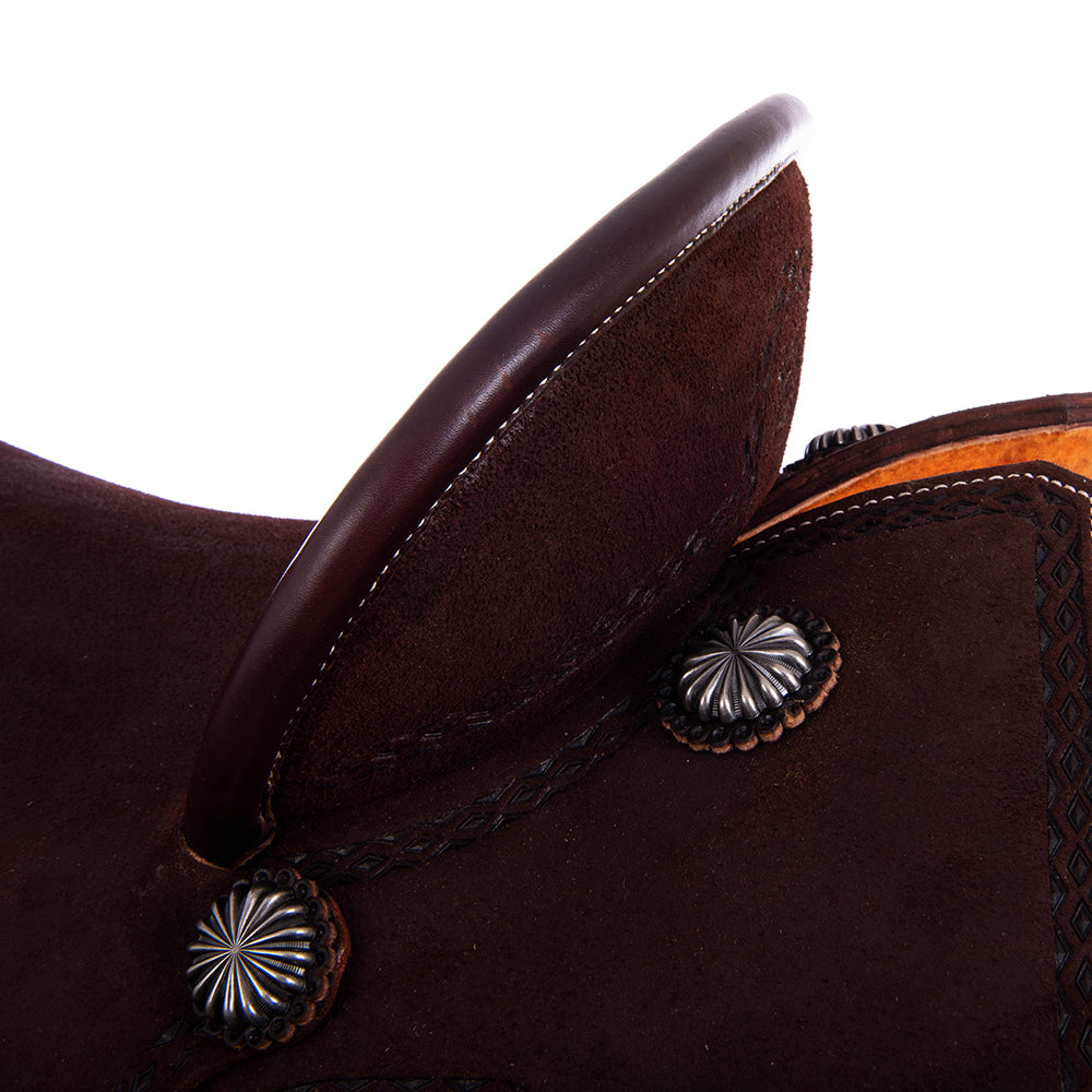 Burns Chocolate RO Barrel Saddle- Notched- DHD Border- Standard Binding