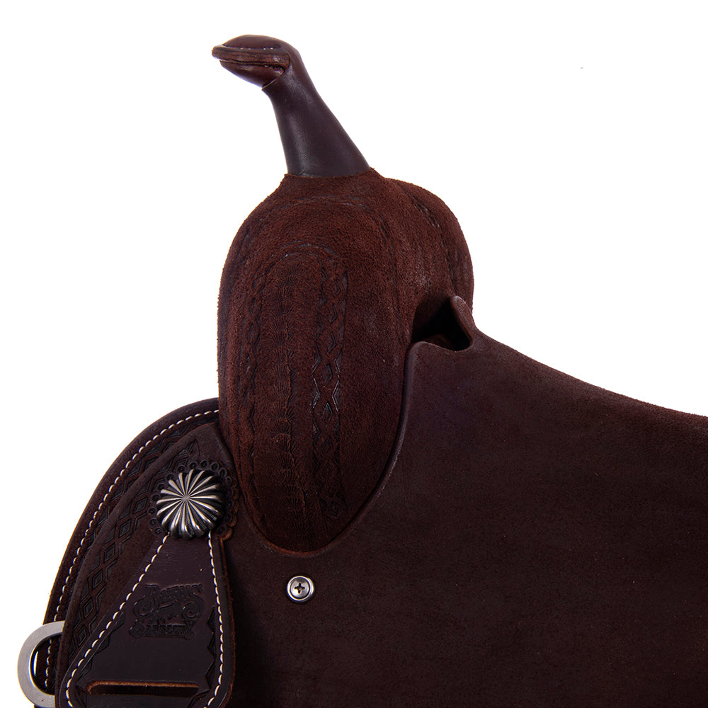 Burns Chocolate RO Barrel Saddle- Notched- DHD Border- Standard Binding