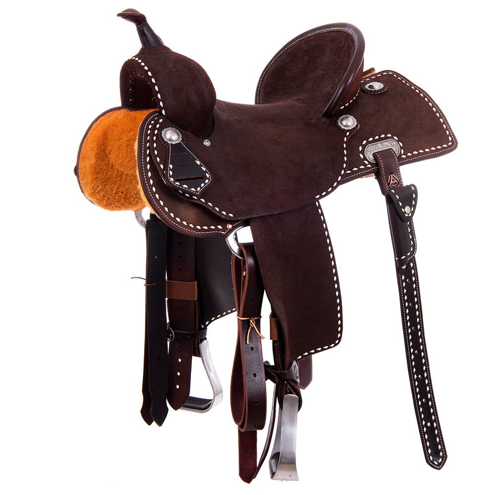 Chocolate RO Barrel Saddle-Semi Square- White Buck Stitch- Standard Binding