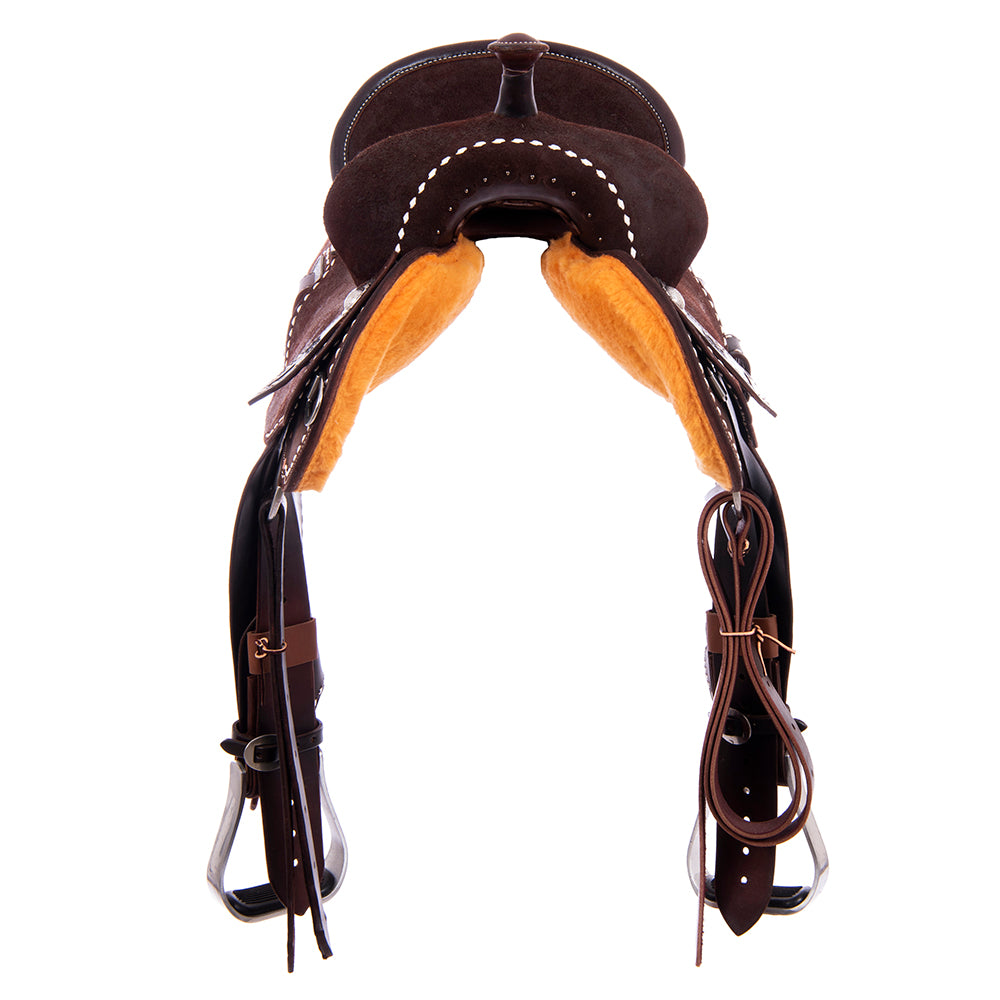 Chocolate RO Barrel Saddle-Semi Square- White Buck Stitch- Standard Binding