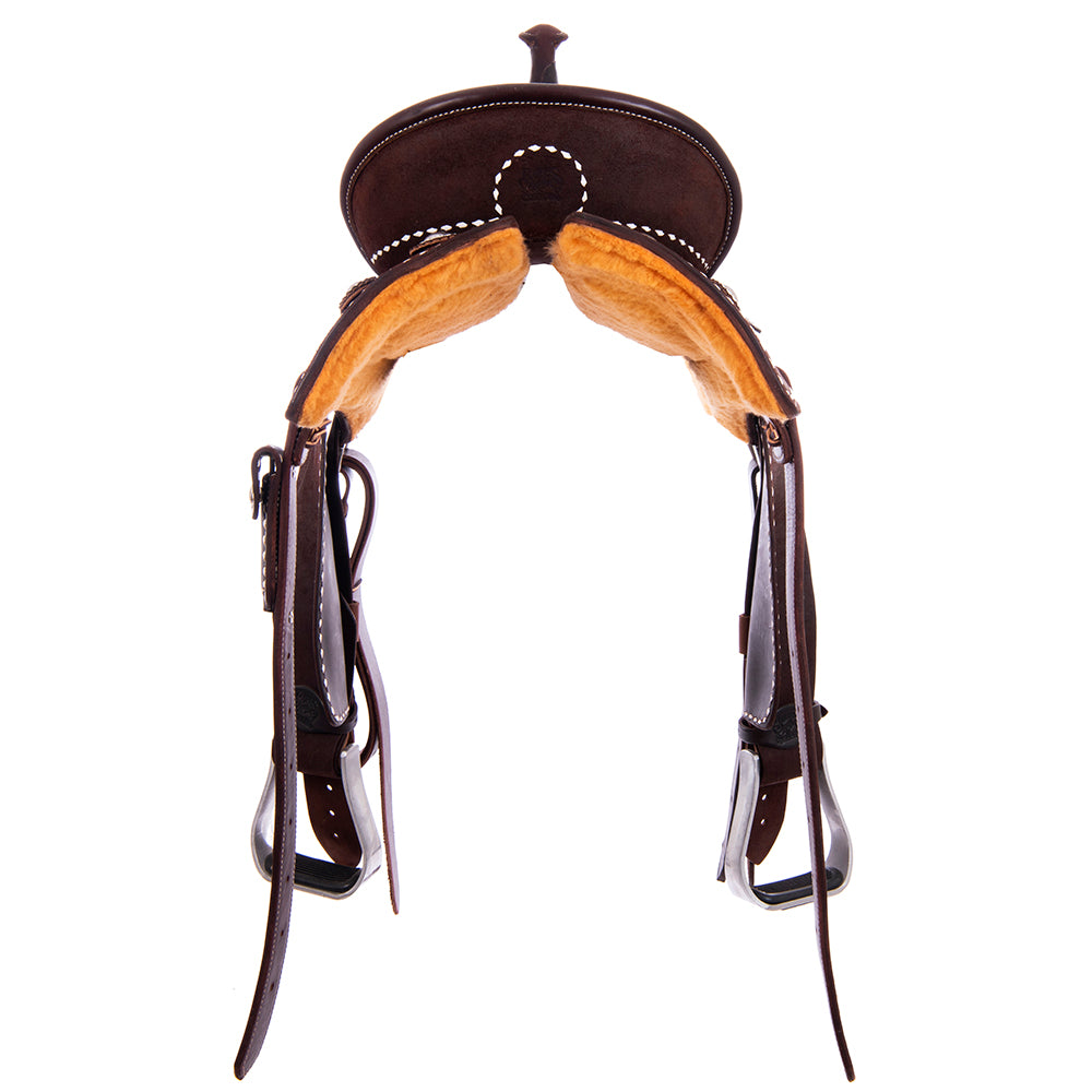 Chocolate RO Barrel Saddle-Semi Square- White Buck Stitch- Standard Binding