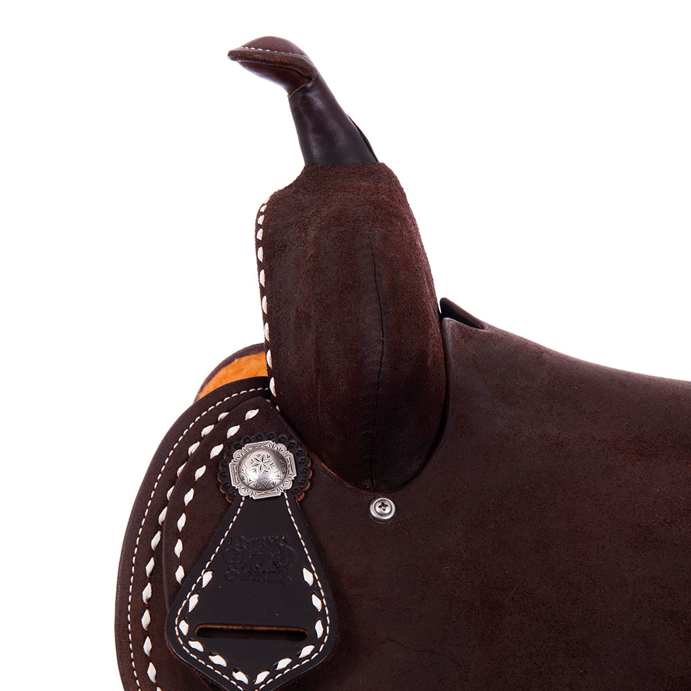Chocolate RO Barrel Saddle-Semi Square- White Buck Stitch- Standard Binding