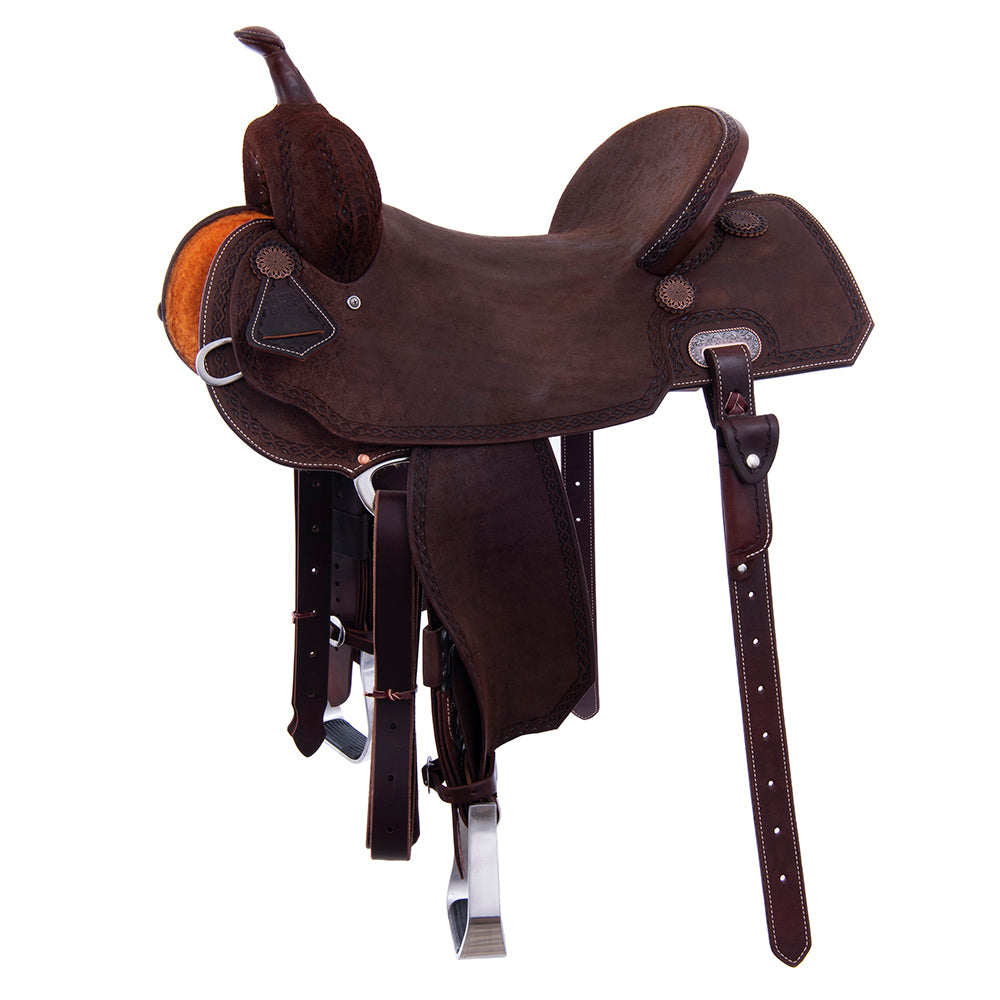 Barrel Saddle – Chocolate Roughout, Notched Skirt, DHD Tooled Border