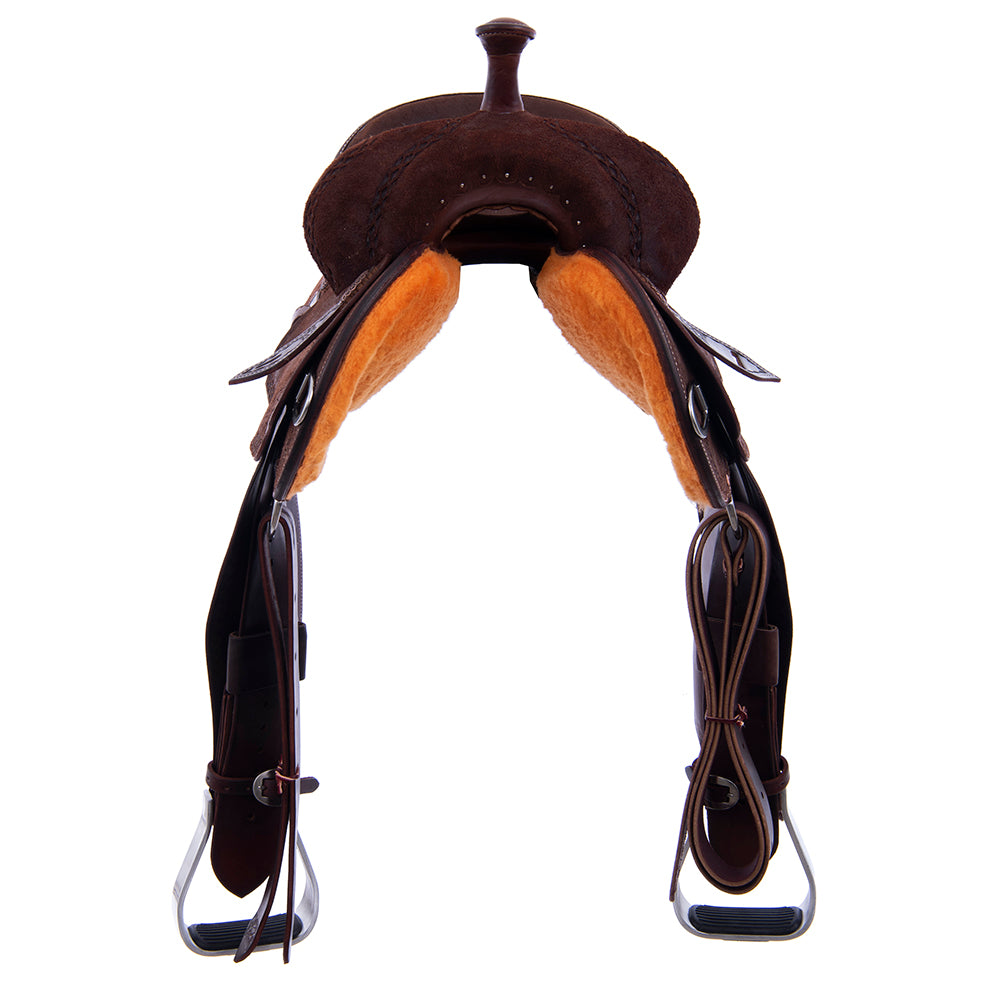 Barrel Saddle – Chocolate Roughout, Notched Skirt, DHD Tooled Border