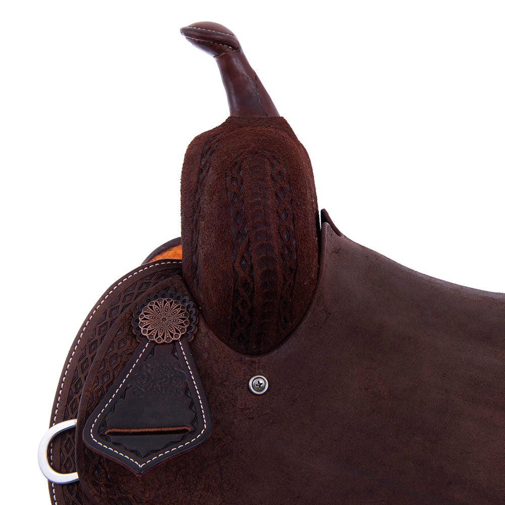 Barrel Saddle – Chocolate Roughout, Notched Skirt, DHD Tooled Border