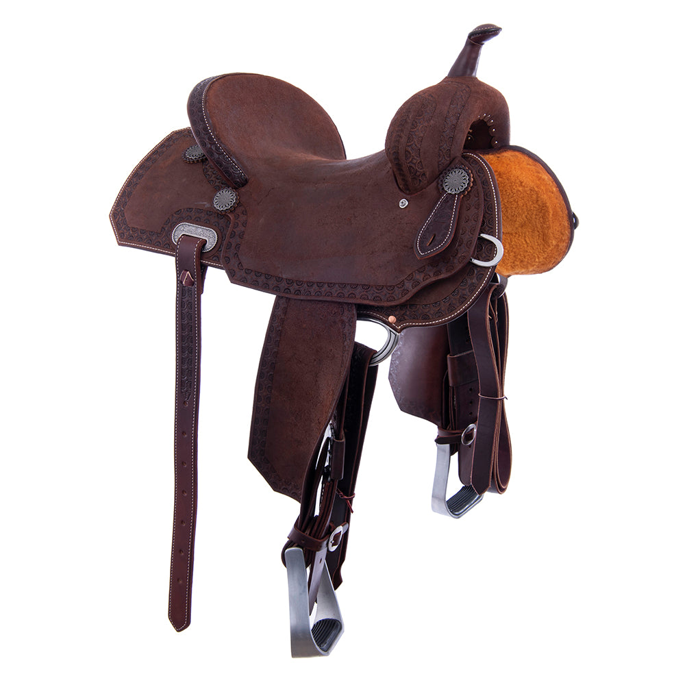 Chocolate Roughout Barrel Saddle- Notched Skirts, Deeter Border