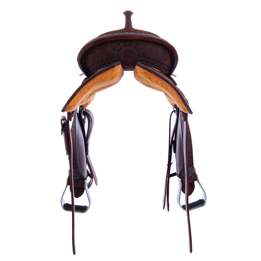 Chocolate Roughout Barrel Saddle- Notched Skirts, Deeter Border