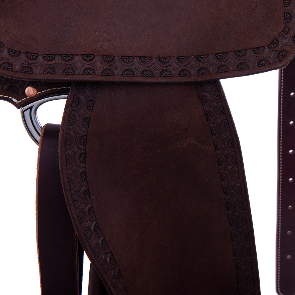 Chocolate Roughout Barrel Saddle- Notched Skirts, Deeter Border