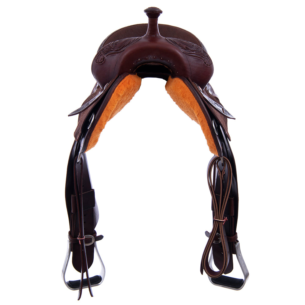Barrel Saddle – Chocolate Leather, Smooth/Roughout, Round Skirt, Feather & Floral Corner Tooling