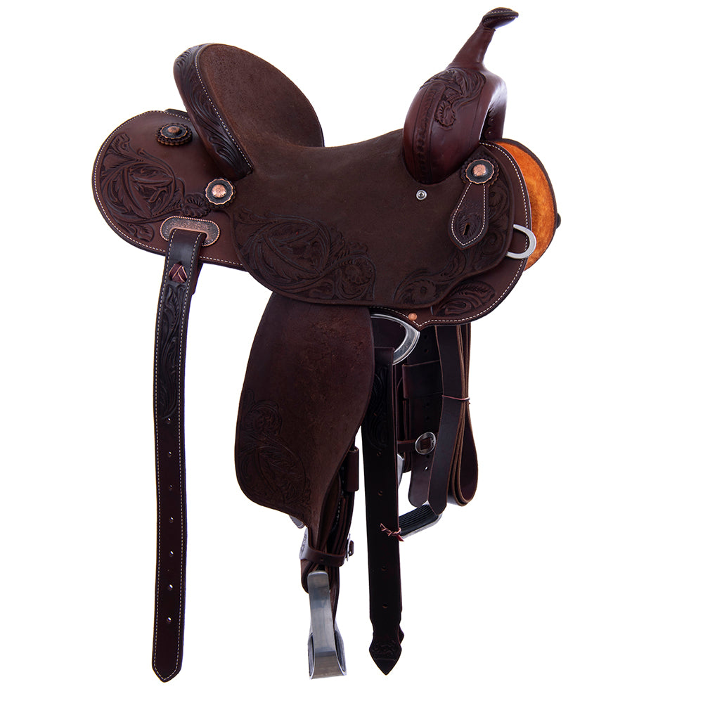 Barrel Saddle – Chocolate Leather, Smooth/Roughout, Round Skirt, Feather & Floral Corner Tooling