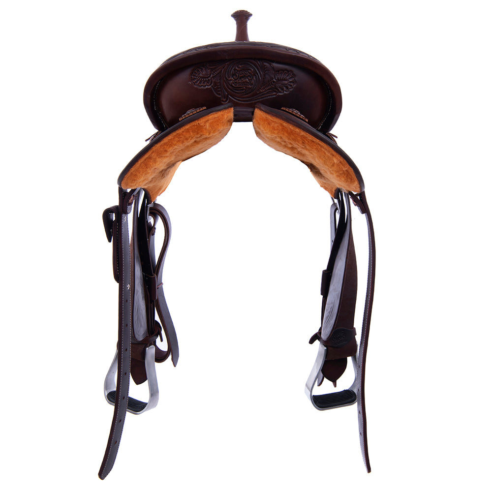 Barrel Saddle – Chocolate Leather, Smooth/Roughout, Round Skirt, Feather & Floral Corner Tooling